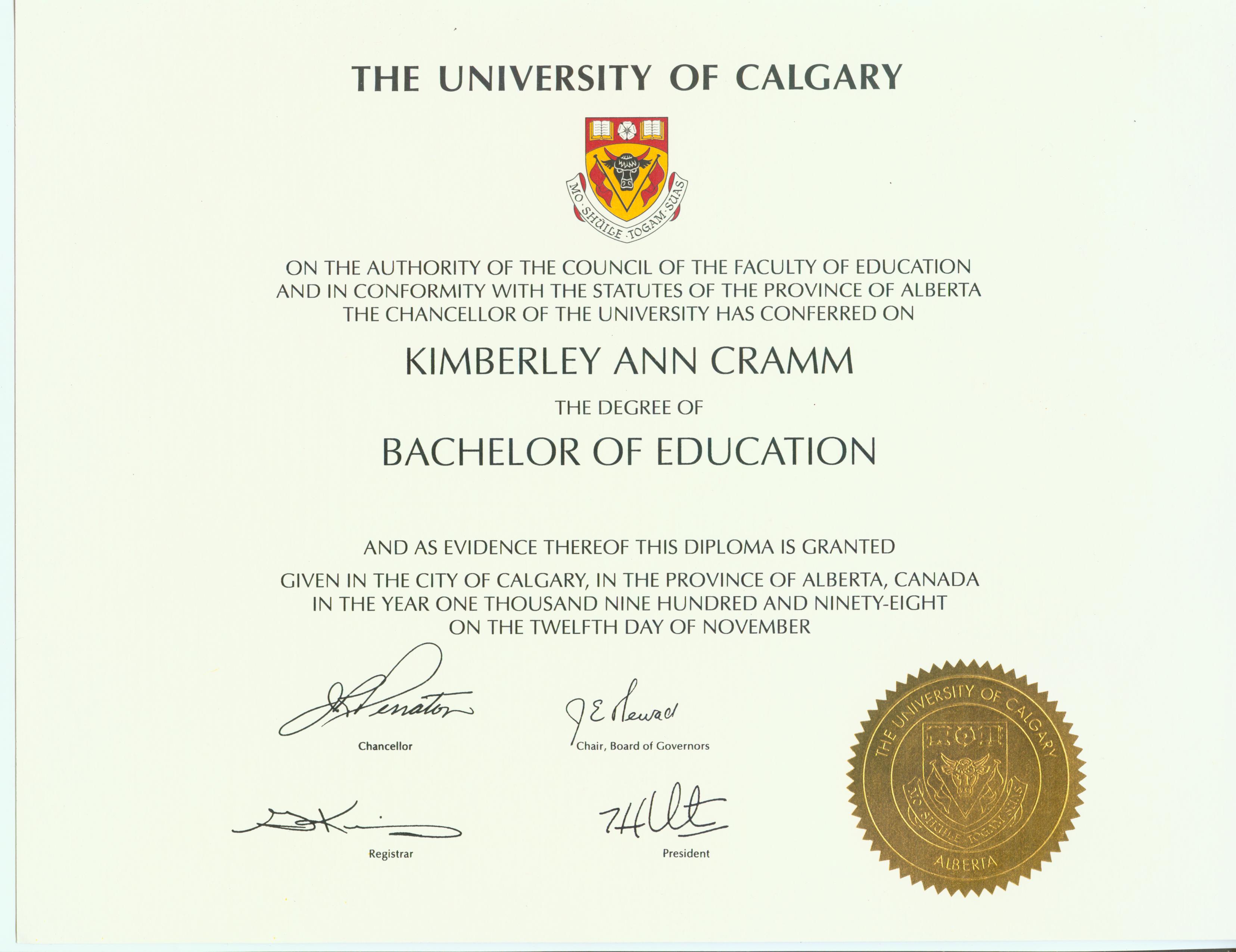 Kimberley's B.Ed Diploma from the University of Calgary